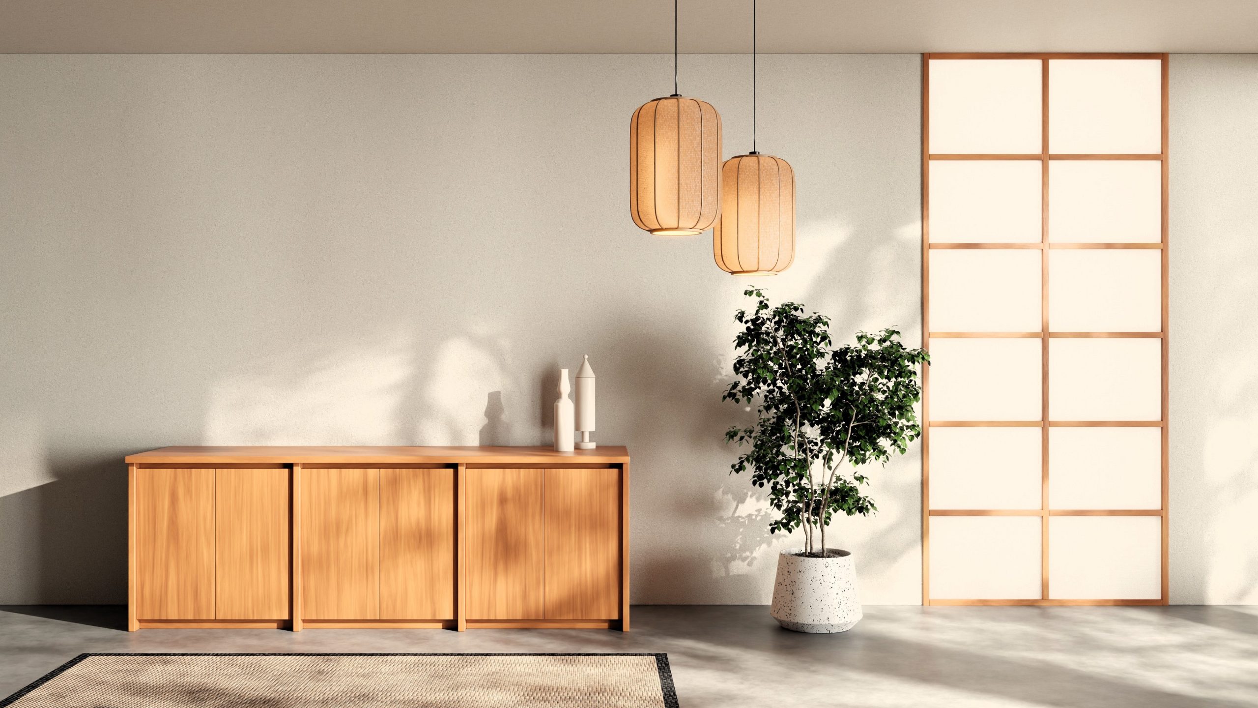 Aparador de madera clara, ventanal fijo, lámparas colgantes y planta alta en un espacio iluminado con luz natural.