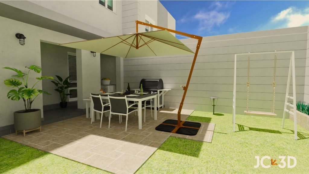 Infografía 3D que muestra un rincón del patio trasero transformado en un acogedor espacio de barbacoa con mesa, sillas y sombrilla