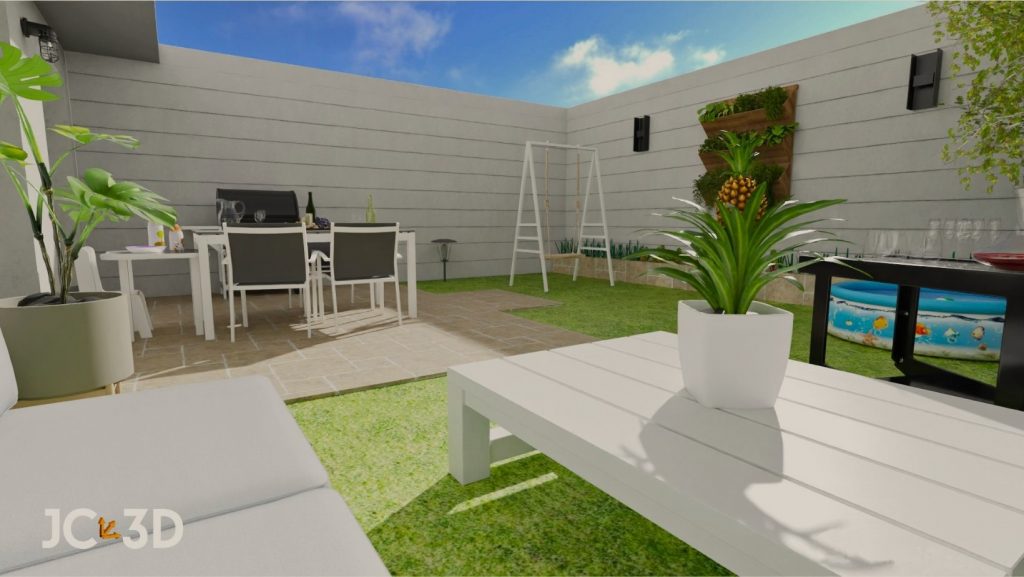 Infografía 3D que muestra un rincón del patio trasero transformado en un espacio de recreo con jardín, arriates, un árbol, un columpio y piscina