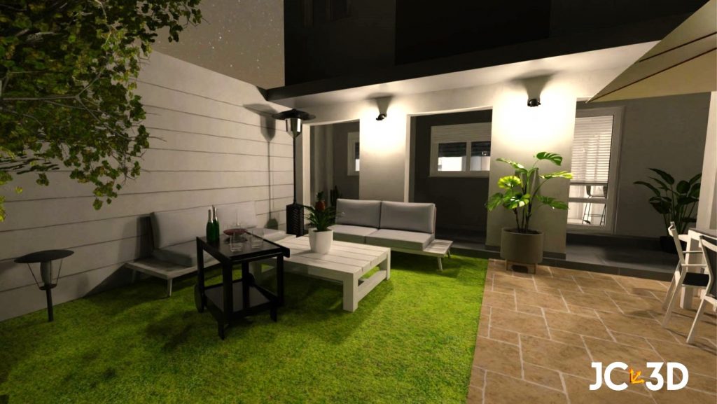 Infografía 3D que muestra un rincón del patio trasero transformado en una acogedora zona de café y copa, ideal para reuniones y relajación