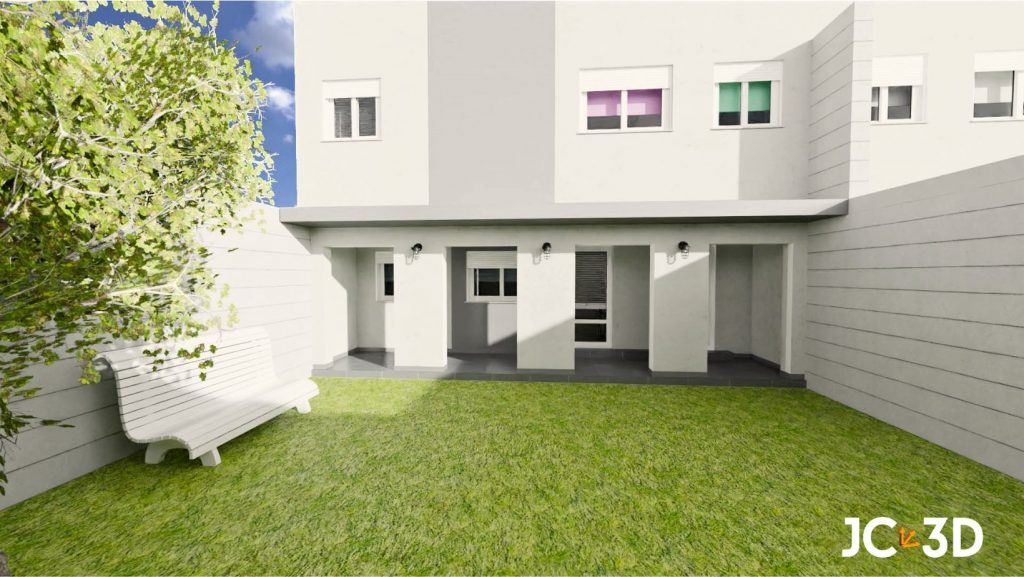 Infografía 3D que muestra el patio trasero vacío de una vivienda unifamiliar, destacando el espacio disponible para personalización.