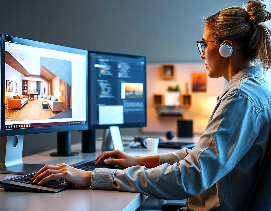 Profesional trabajando en una computadora en un proyecto de infografía 3D de diseño de interiores