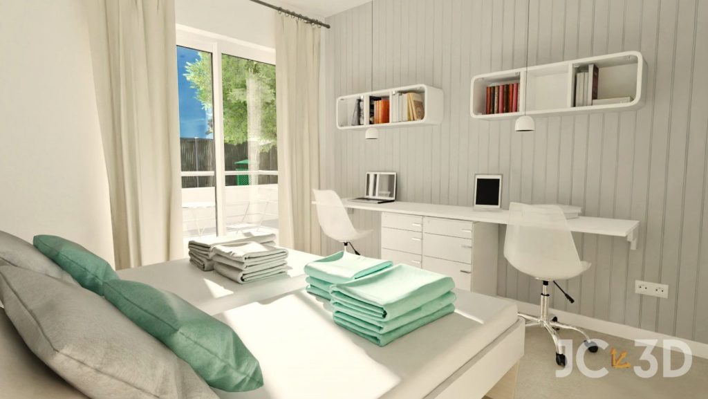 Vista de una habitación doble en uno de los apartamentos de la residencia de estudiantes, decorada y equipada para el confort de los estudiantes