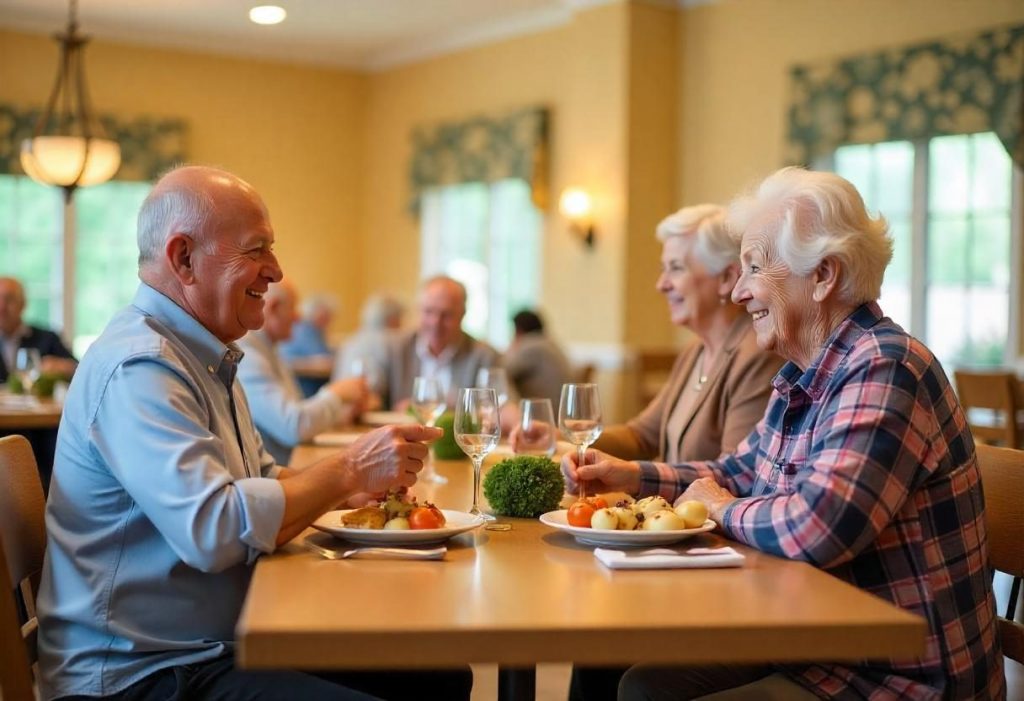 Residentes de la comunidad de senior living compartiendo comidas y momentos en la zona de comedor