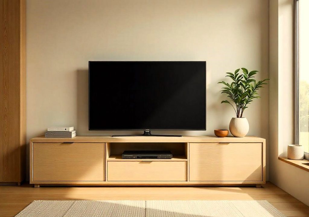Mueble para TV de madera clara en un salón de estilo japonés, con decoración minimalista y elementos cerámicos