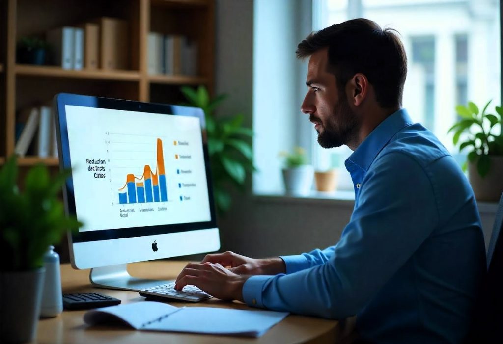 Un profesional de la infografía 3D trabajando en su computadora portátil, mostrando un gráfico de reducción de costos y maximización de inversiones en la pantalla