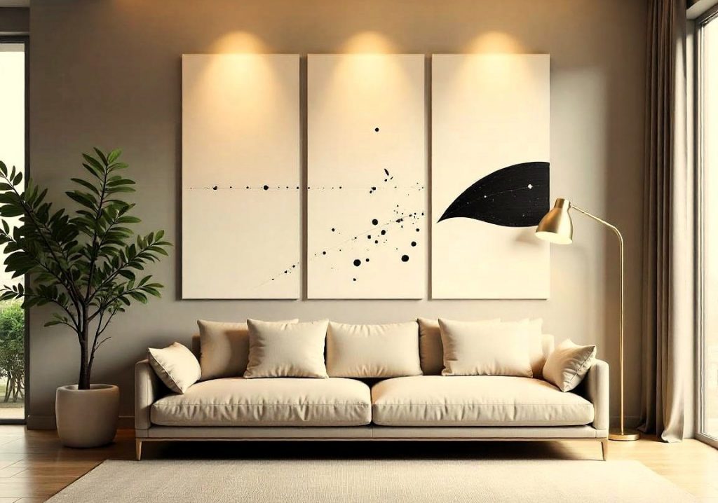 Pared en color neutro decorada con cuadros en blanco y negro de formas abstractas, iluminada con luz suave