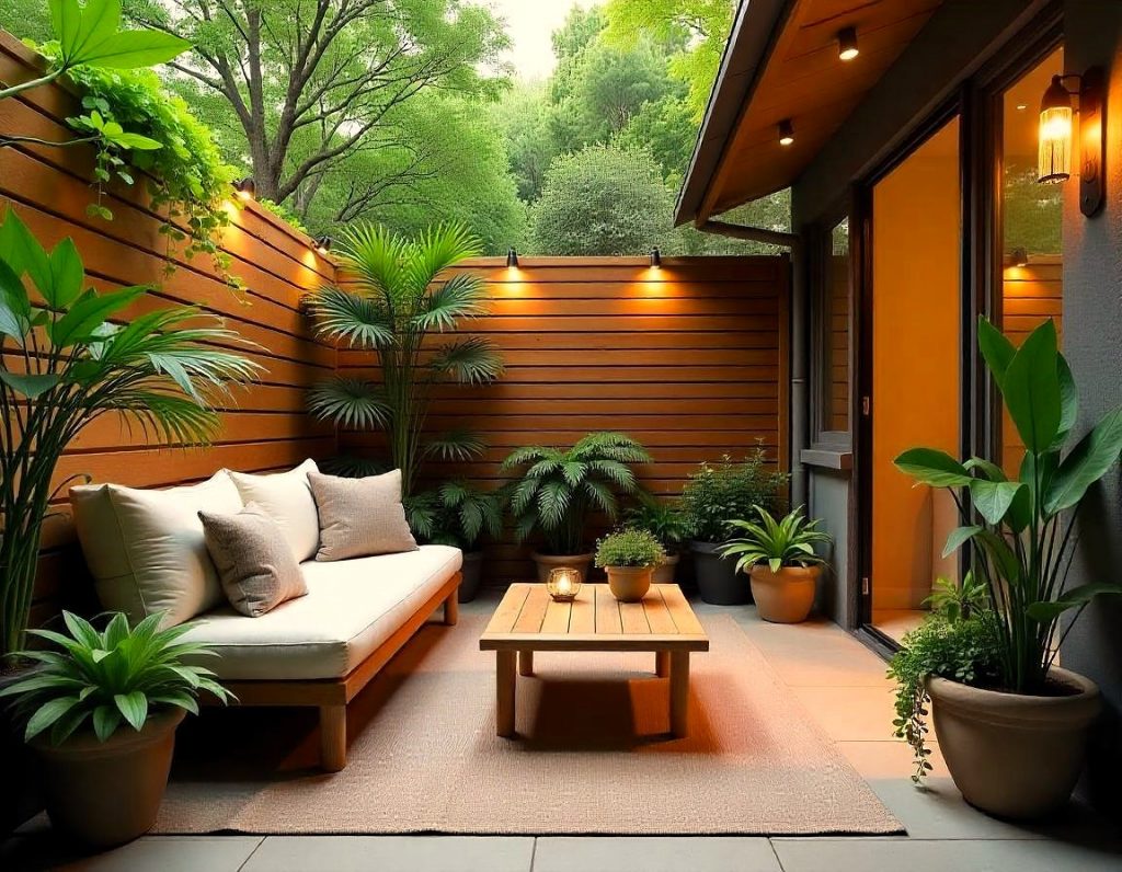 Patio decorado al estilo japonés con un banco de madera, mesa baja y plantas en macetas, iluminado con luces colgantes
