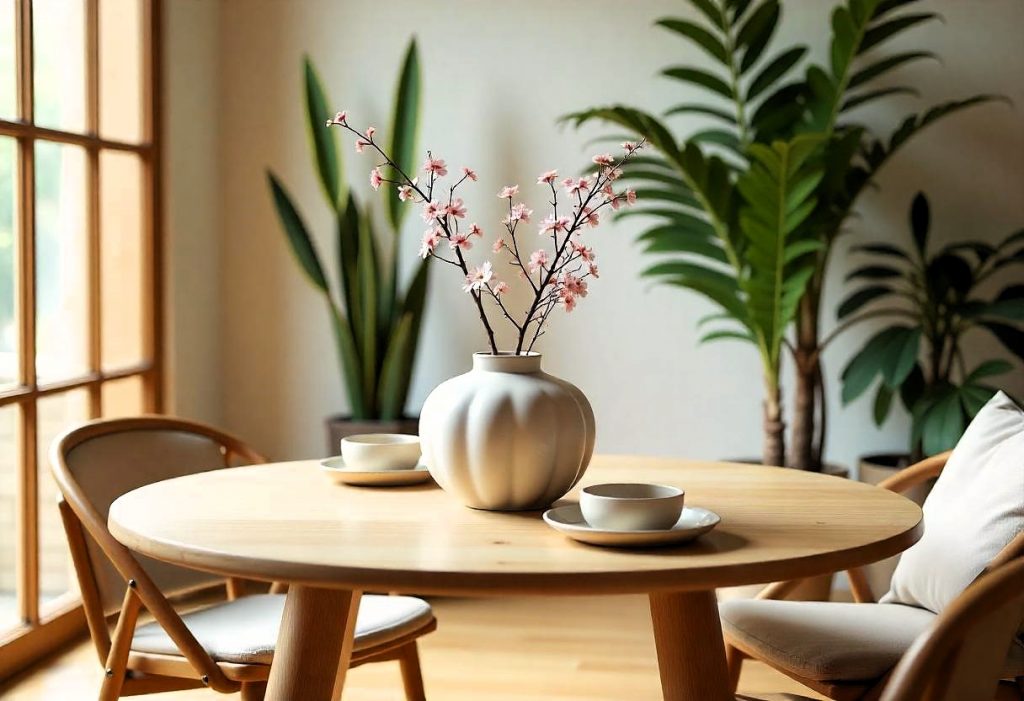 Salón decorado en estilo japonés con mesa de madera clara, jarrón de cerámica, tazas y platos en tonos neutros, iluminados por luz natural.