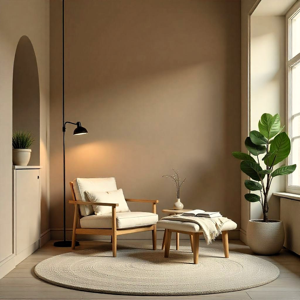 Espacio acogedor para la lectura con sillón cómodo, mesita sencilla, lámpara adecuada y planta de interior