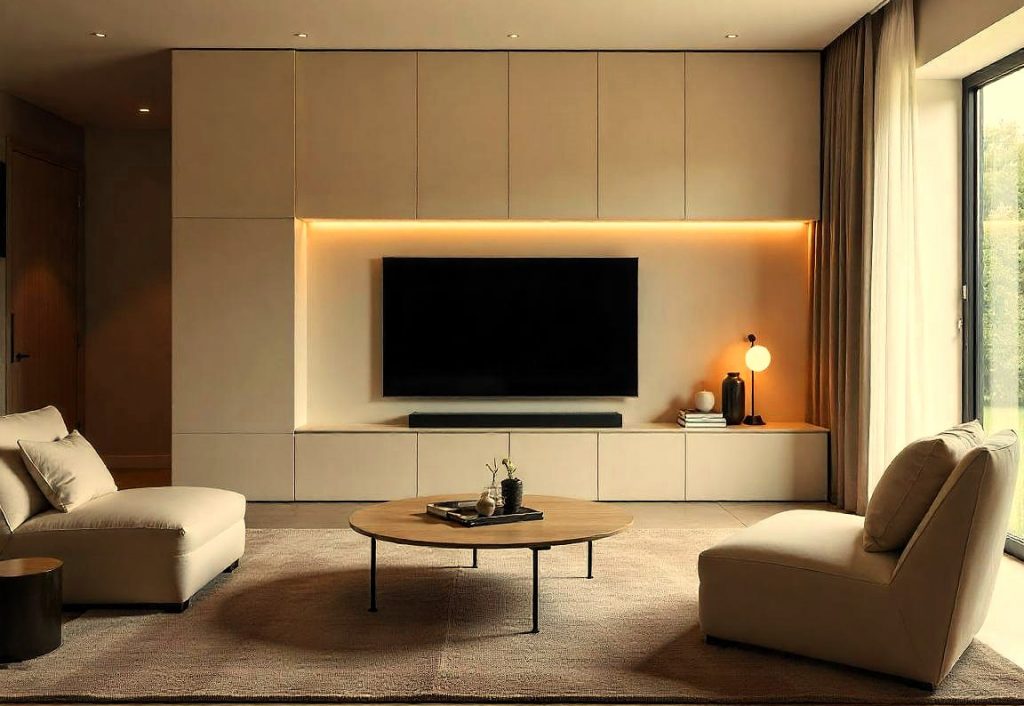 Sala de estar minimalista con mobiliario integrado, televisión oculta tras paneles deslizantes, decoración en tonos neutros e iluminación suave