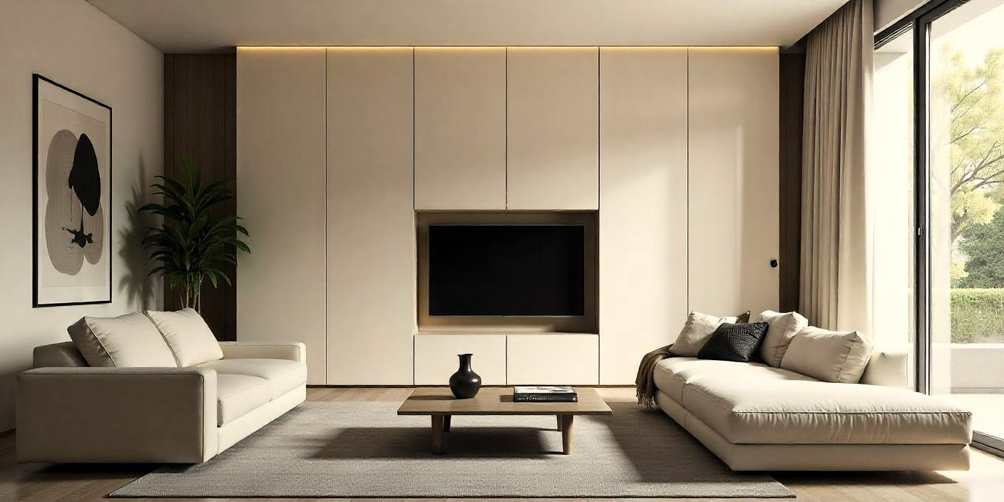 Sala de estar minimalista con paneles alistonados que ocultan un armario, decoración en tonos neutros y mobiliario elegante
