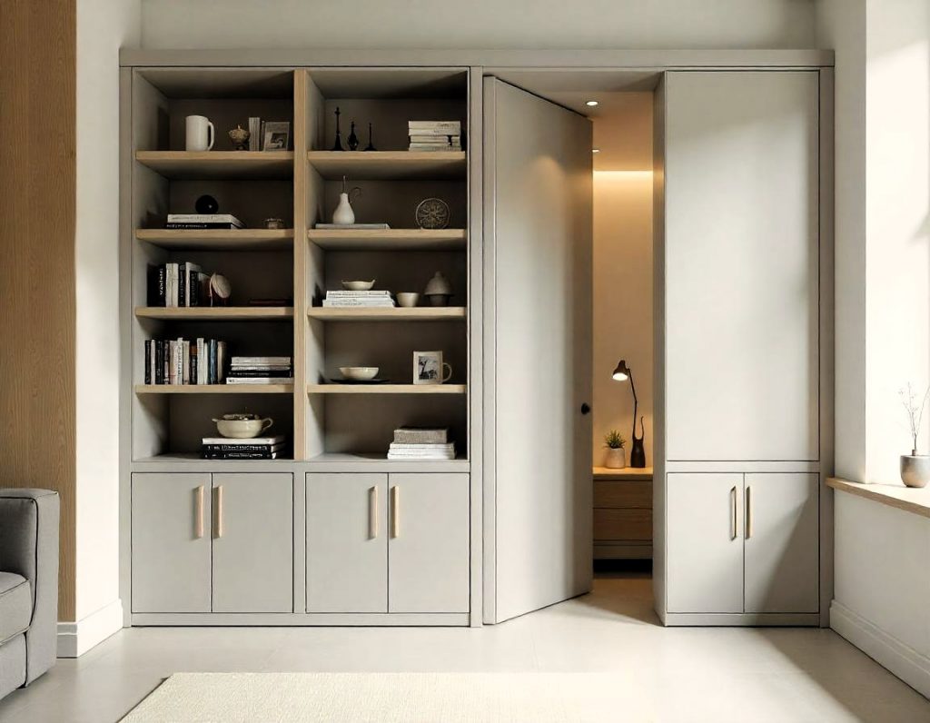 Sala de estar con una librería de madera y puerta oculta que conecta con otra sala, decorada en tonos neutros