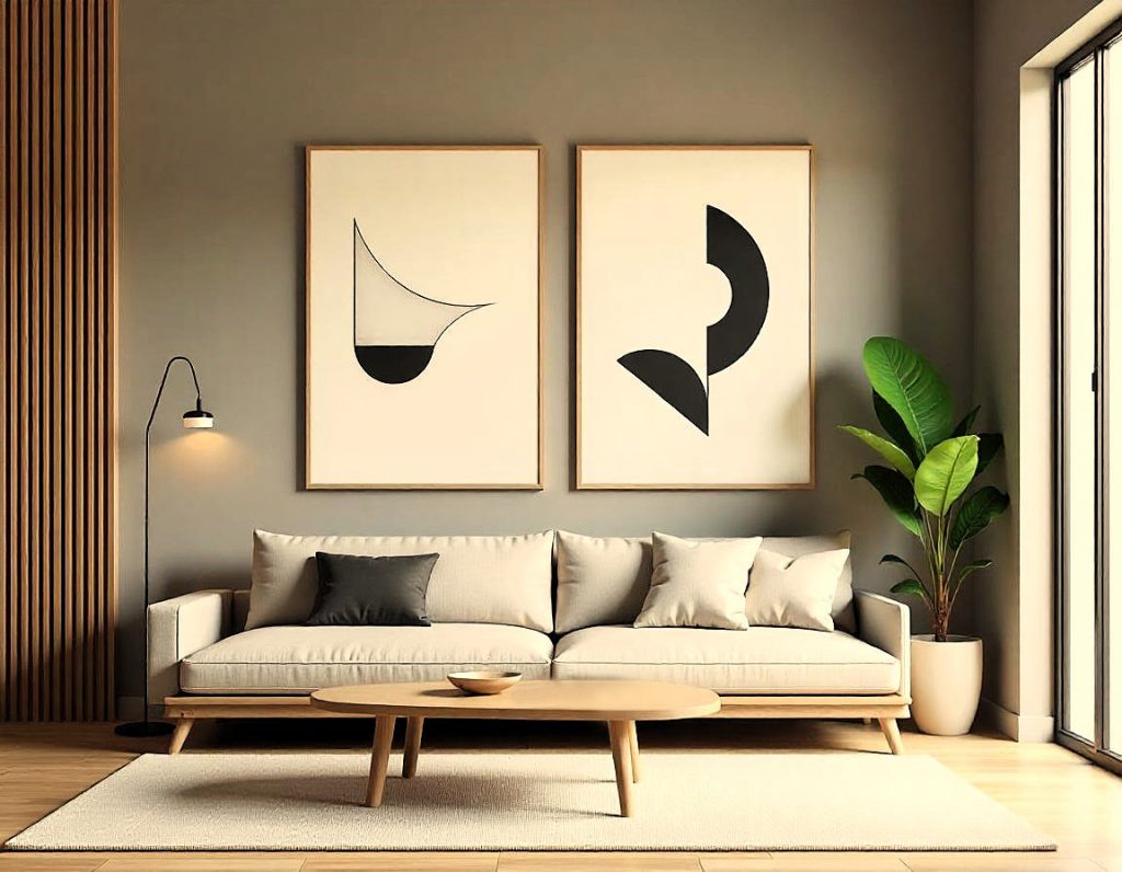 Sala de estar con sofá de madera clara, mesa baja, cuadros minimalistas y decoración en pared, iluminada por grandes ventanales.