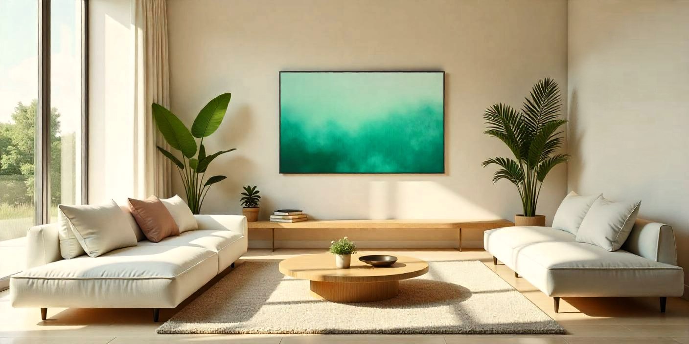 Salón acogedor y minimalista con luz natural, paleta de colores suaves, muebles funcionales y un monitor que muestra imágenes de tonos marinos