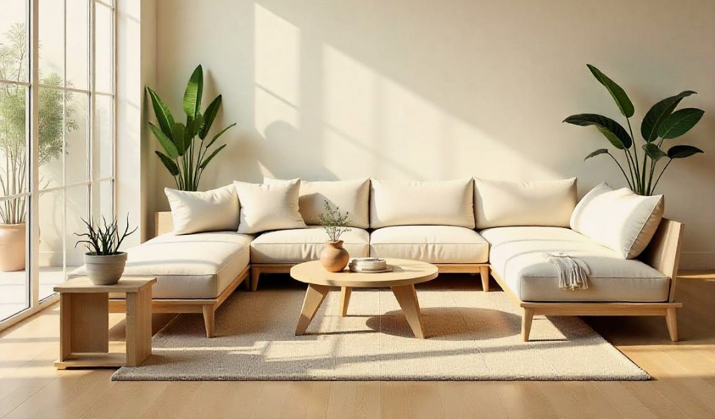 Salón con muebles de madera clara, alfombra de tejido natural y plantas en maceteros de cerámica, iluminados por grandes ventanas