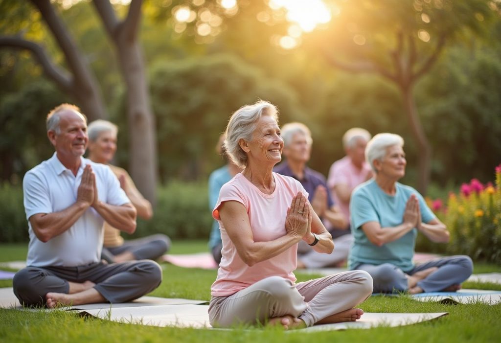 Residentes de la comunidad de senior living practicando yoga al aire libre.