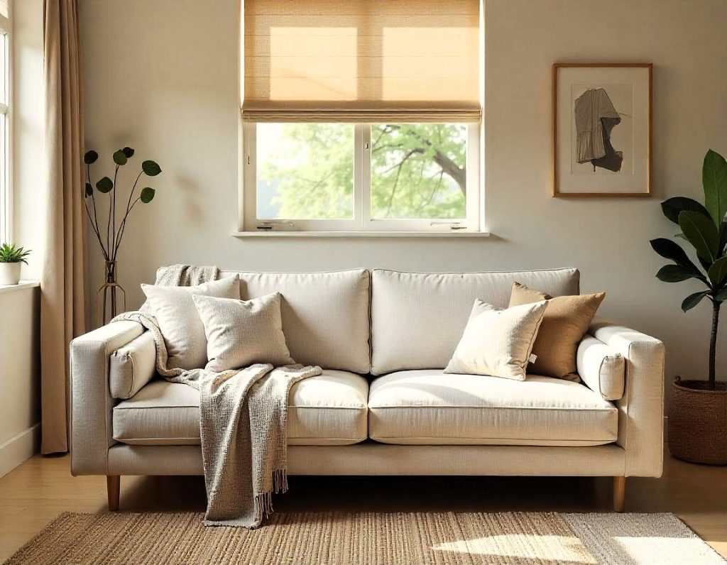 Sofá cubierto con cojines de lino y manta tejida, iluminado por una ventana con cortinas de lino en un ambiente de tonos neutros