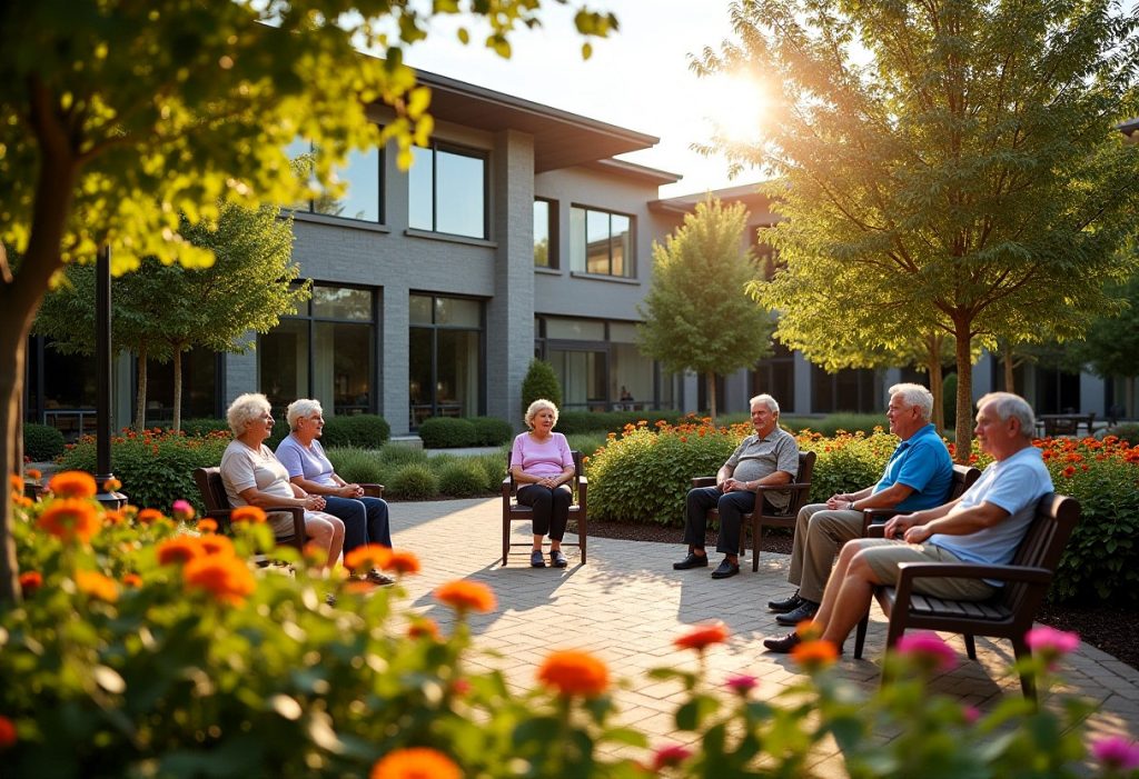 Grupo de residentes disfrutando de actividades al aire libre en un jardín comunitario de un complejo de senior living