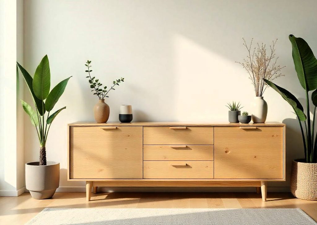 Mueble de salón de madera clara, bello y funcional, en un ambiente de estilo Japandi