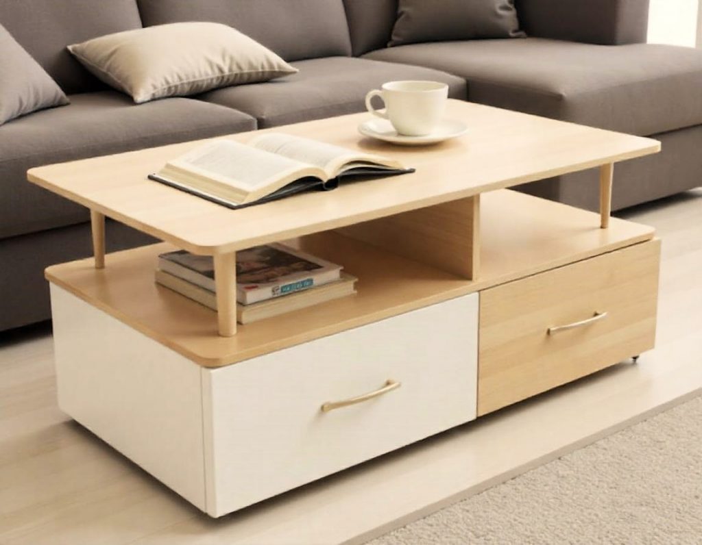 Mesa de café de madera clara con una taza de cerámica y un libro abierto, junto a un sofá bajo y acogedor con cojines de lino en tonos neutros