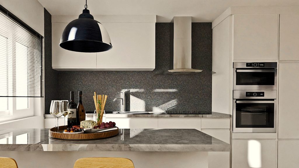 Infografía 3D que muestra el frente de una cocina con pared de baldosas de piedra y encimeras elegantes.