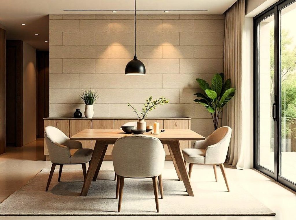 Imagen de un comedor contemporáneo con un panel de piedra premontado como punto focal, mesa de madera y sillas elegantes.