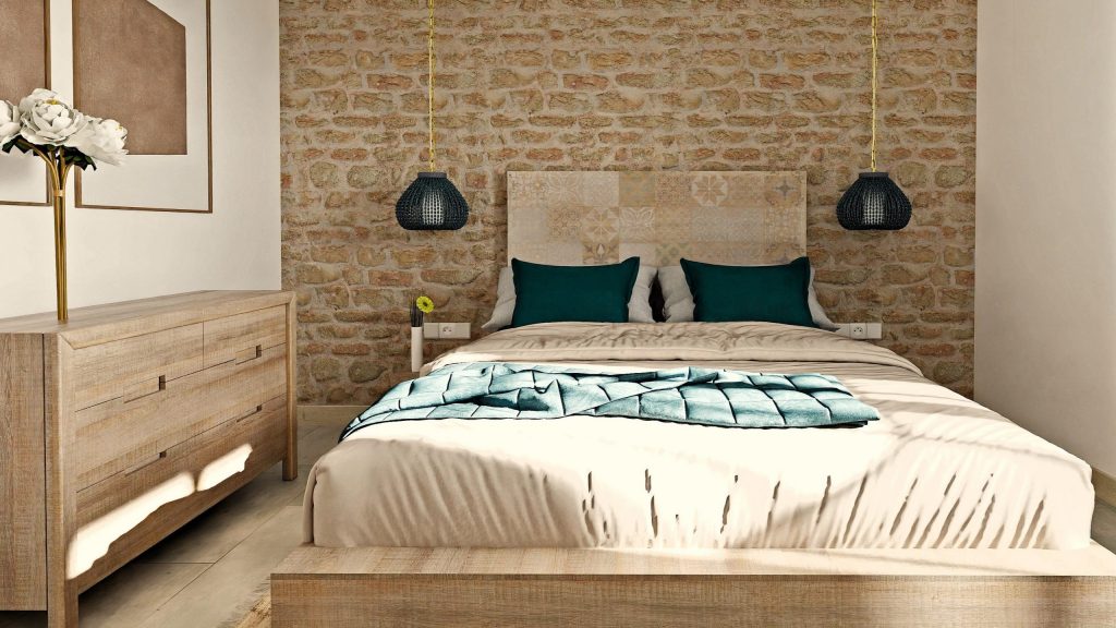 Infografía 3D que muestra un dormitorio con el frente de pared del cabecero de la cama de piedra natural de formas irregulares.