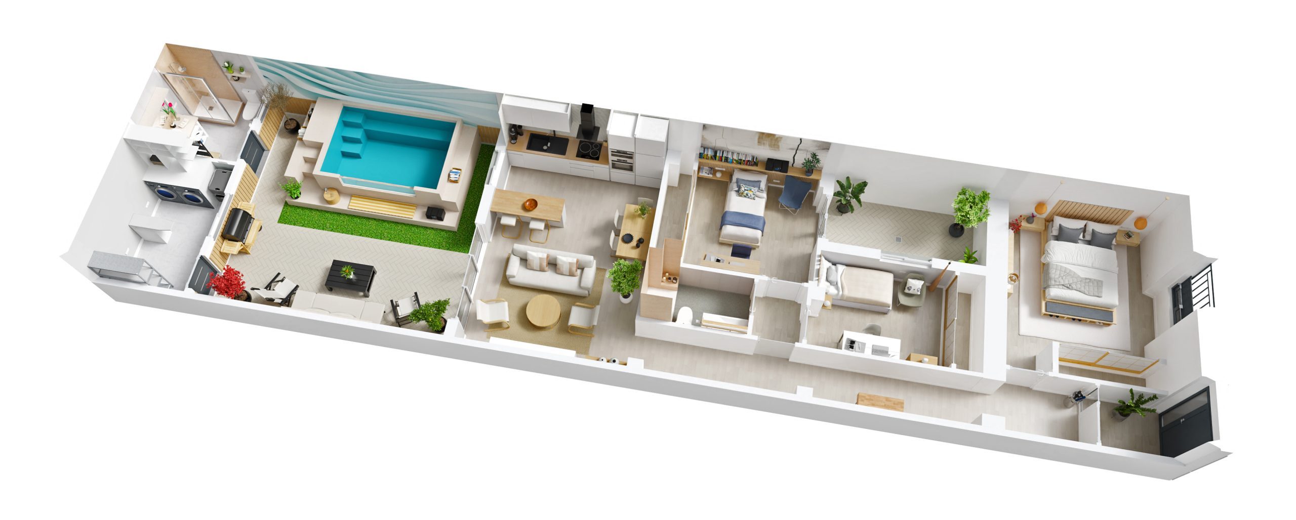 Sección en 3D de una vivienda en venta en Dos Hermanas, Sevilla, mostrando la distribución y características de los espacios interiores 2