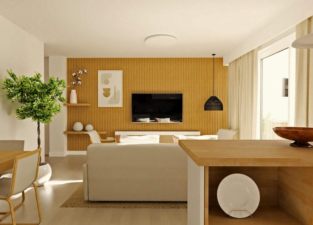 Representación en 3D del espacio abierto del salón, destacando la pared de acento con revestimiento de madera en una vivienda en venta en Dos Hermanas, Sevilla