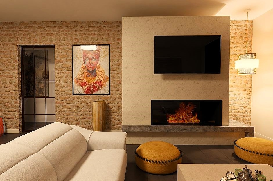 Infografía 3D de un salón contemporáneo con una pared de piedra natural y chimenea central