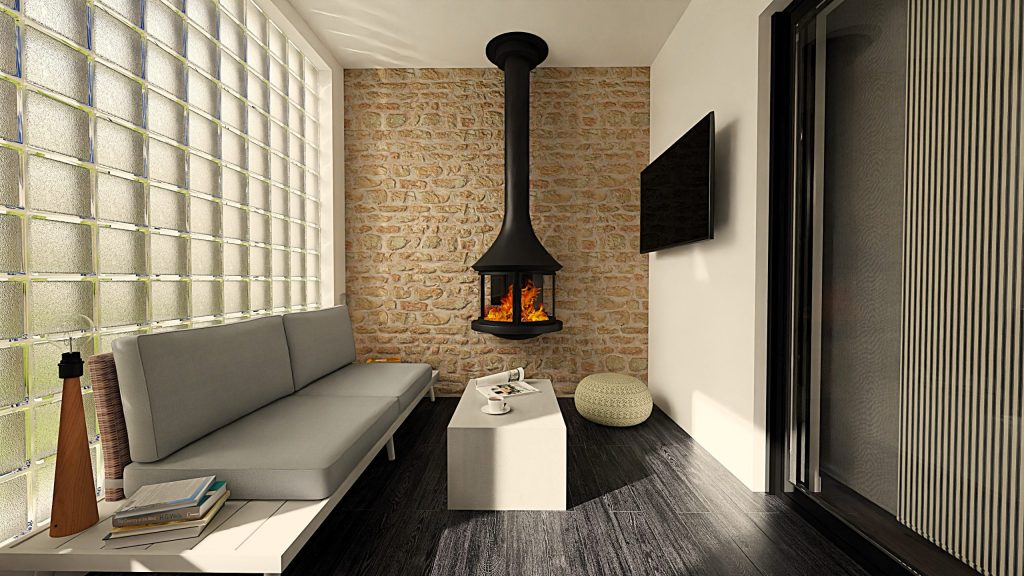 Infografía 3D que muestra un espacio con sala de estar, área de lectura y solarium, con una pared de piedra natural y chimenea colgante