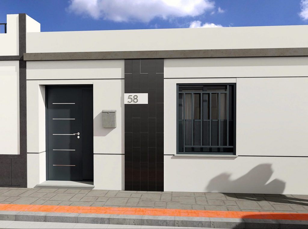Representación en 3D de la fachada de una vivienda en venta en Dos Hermanas, Sevilla, destacando su diseño simple y revestimiento de lozas de piedra natural.