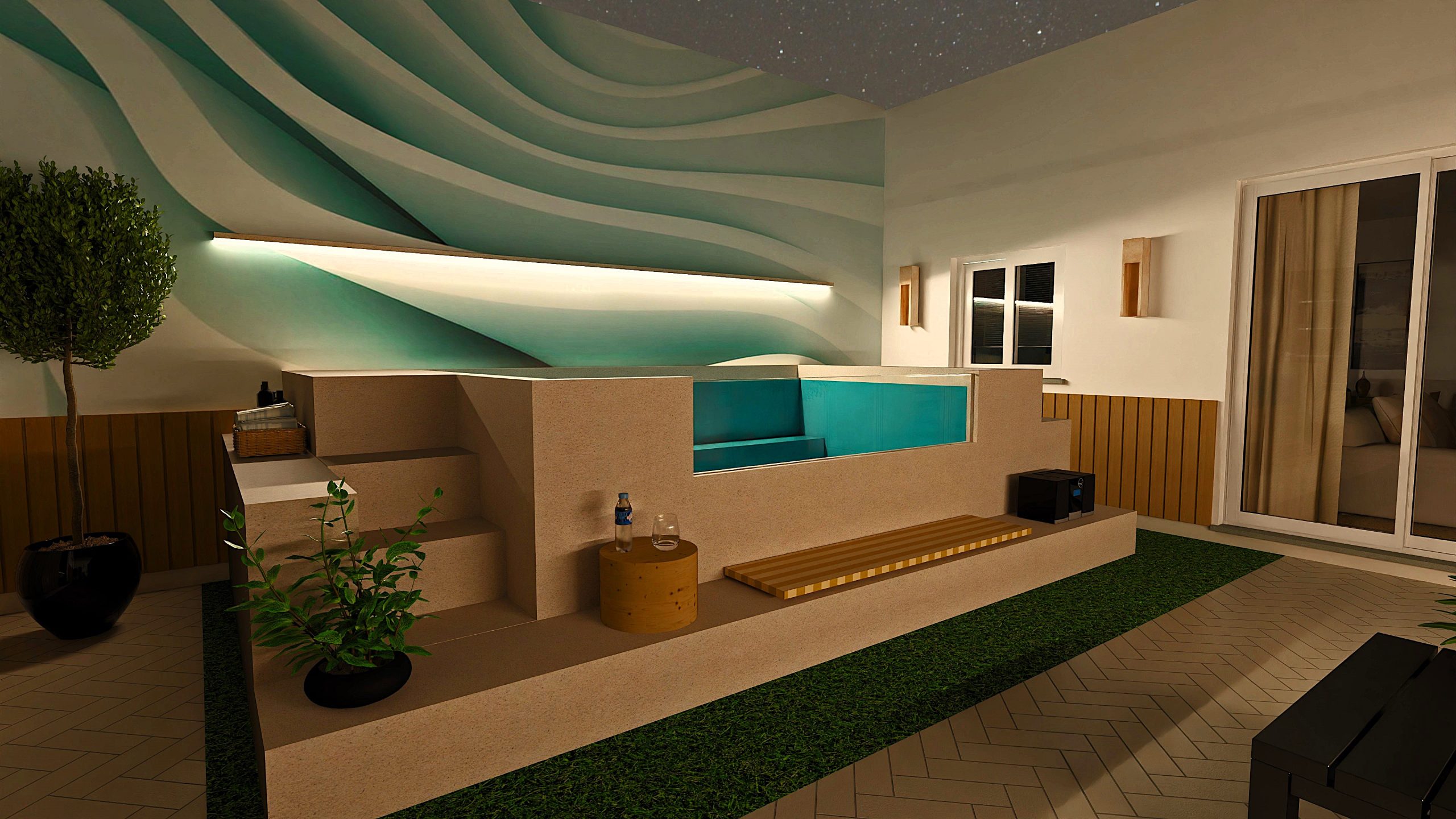 Infografía 3D de la vista del patio hacia la piscina de una vivienda en venta en Dos Hermanas, Sevilla, mostrando el diseño exterior y la conexión con el área de esparcimiento