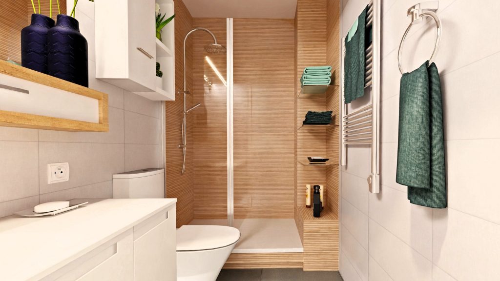 Representación en 3D del baño principal de una vivienda en venta en Dos Hermanas, Sevilla, mostrando su diseño y características
