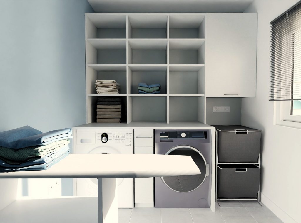 Representación en 3D del cuarto de lavadero y almacén de una vivienda en venta en Dos Hermanas, Sevilla, mostrando su diseño funcional y espacio de almacenamiento