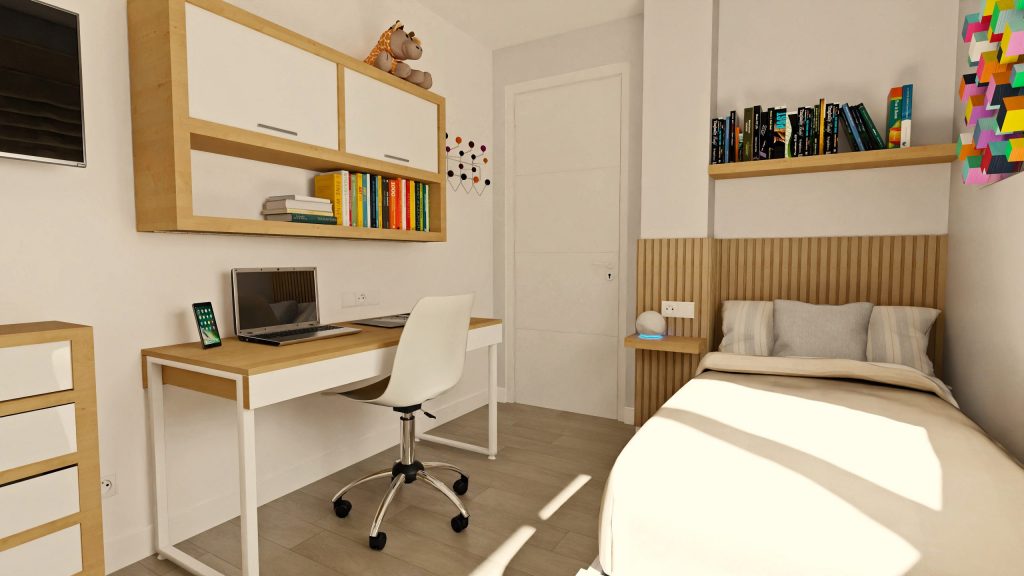 Representación en 3D del dormitorio individual juvenil de una vivienda en venta en Dos Hermanas, Sevilla, mostrando su diseño moderno y funcional