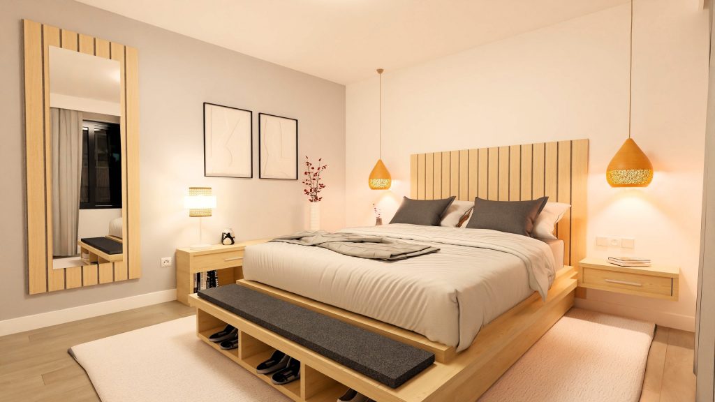 Infografía 3D del dormitorio principal de una vivienda en venta en Dos Hermanas, Sevilla, mostrando su diseño y distribución