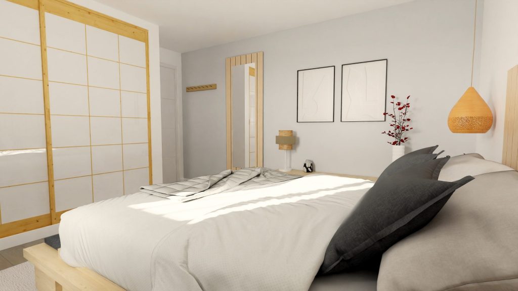 Infografía 3D del dormitorio principal de una vivienda en venta en Dos Hermanas