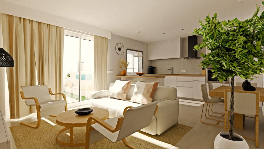 Representación en 3D del espacio abierto que integra salón, cocina y comedor de una vivienda en venta en Dos Hermanas, Sevilla