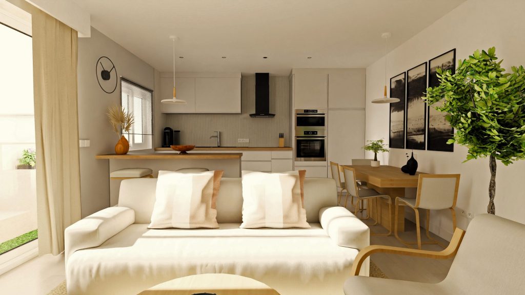 Representación en 3D del espacio abierto que integra salón, cocina y comedor de una vivienda en venta en Dos Hermanas