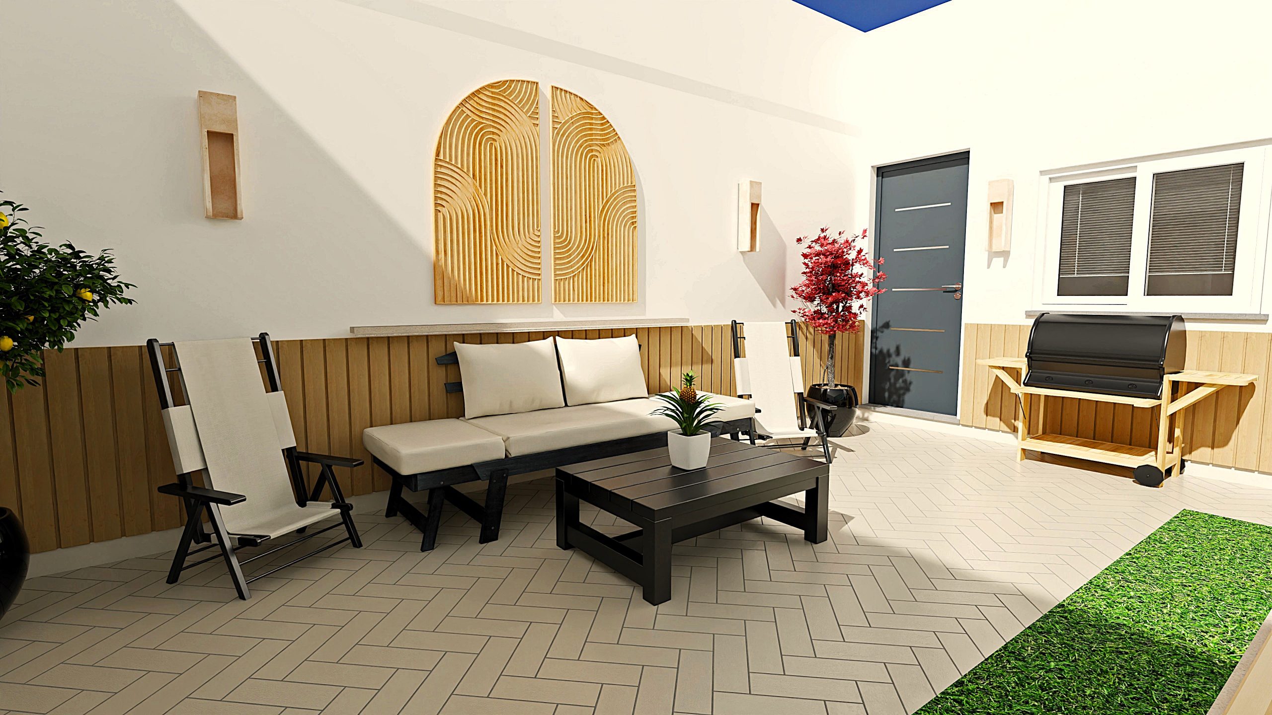 Representación en 3D del patio de una vivienda en venta en Dos Hermanas, Sevilla, enfocándose en la zona de descanso, café y barbacoa