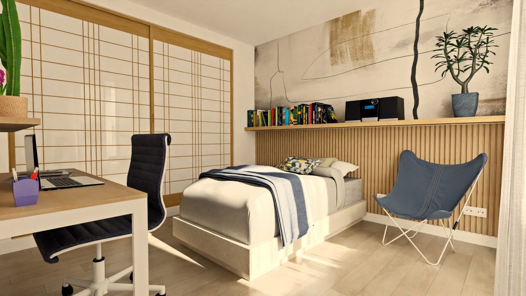 Representación en 3D del segundo dormitorio individual de una vivienda en venta en Dos Hermanas, Sevilla, mostrando su diseño y características