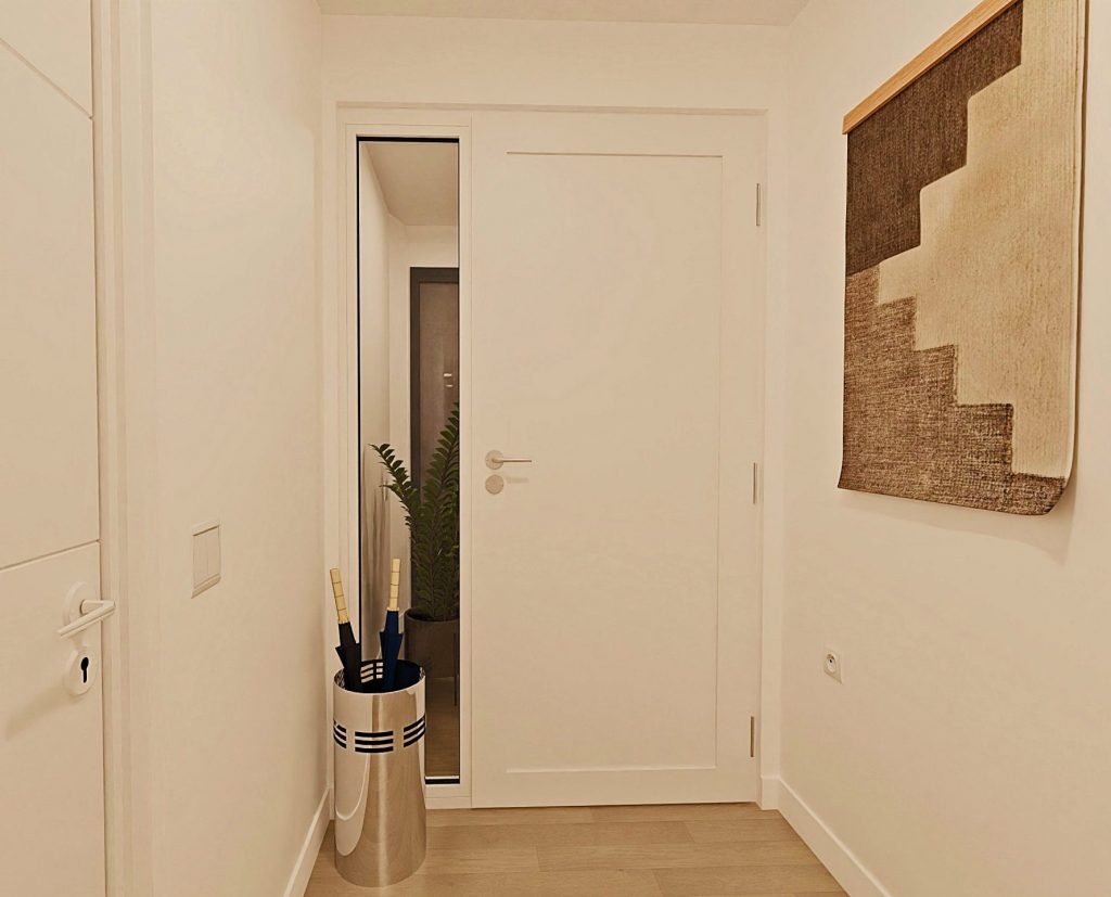 Representación en 3D del hall de entrada de una vivienda en venta en Dos Hermanas, Sevilla, mostrando su diseño acogedor y funcional.