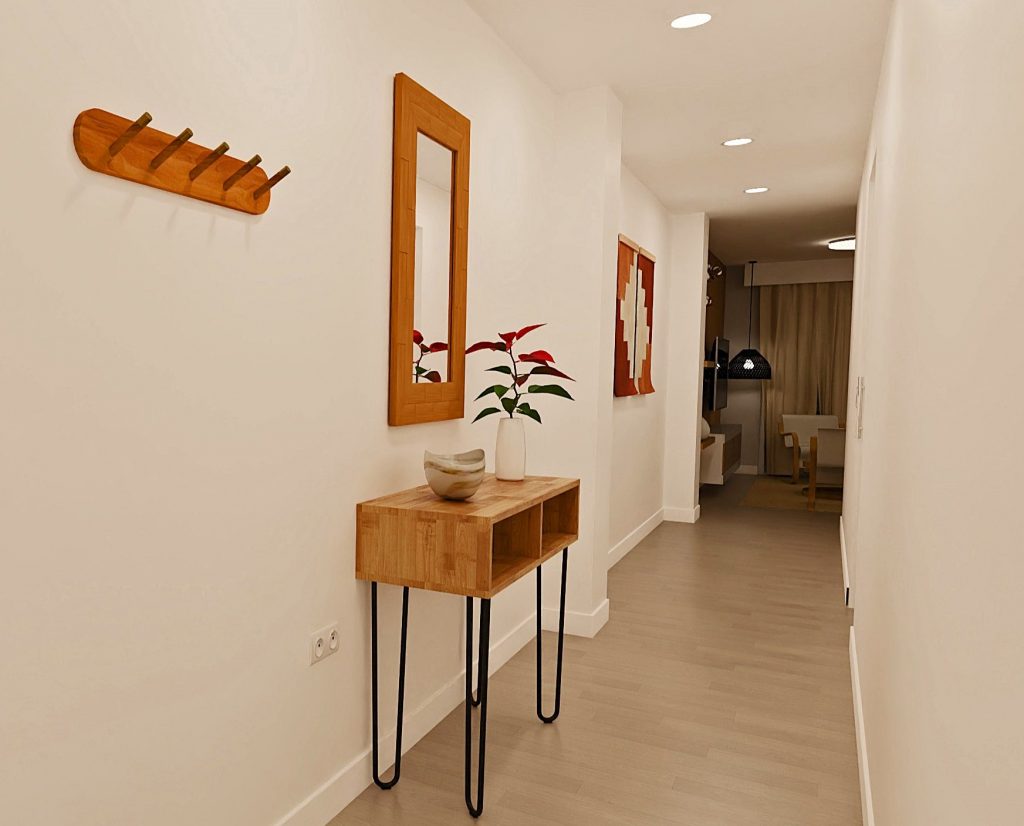 Representación en 3D del hall y pasillo de una vivienda en venta en Dos Hermanas, Sevilla, mostrando su diseño y distribución.