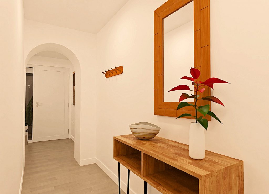 Representación en 3D del pasillo visto desde el salón de una vivienda en venta en Dos Hermanas, Sevilla, mostrando la conexión entre espacios