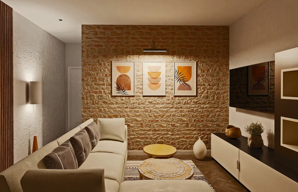 Infografía 3D que muestra un salón moderno con una pared de acento de piedra natural, decorada con tres cuadros que destacan como el centro de atención.