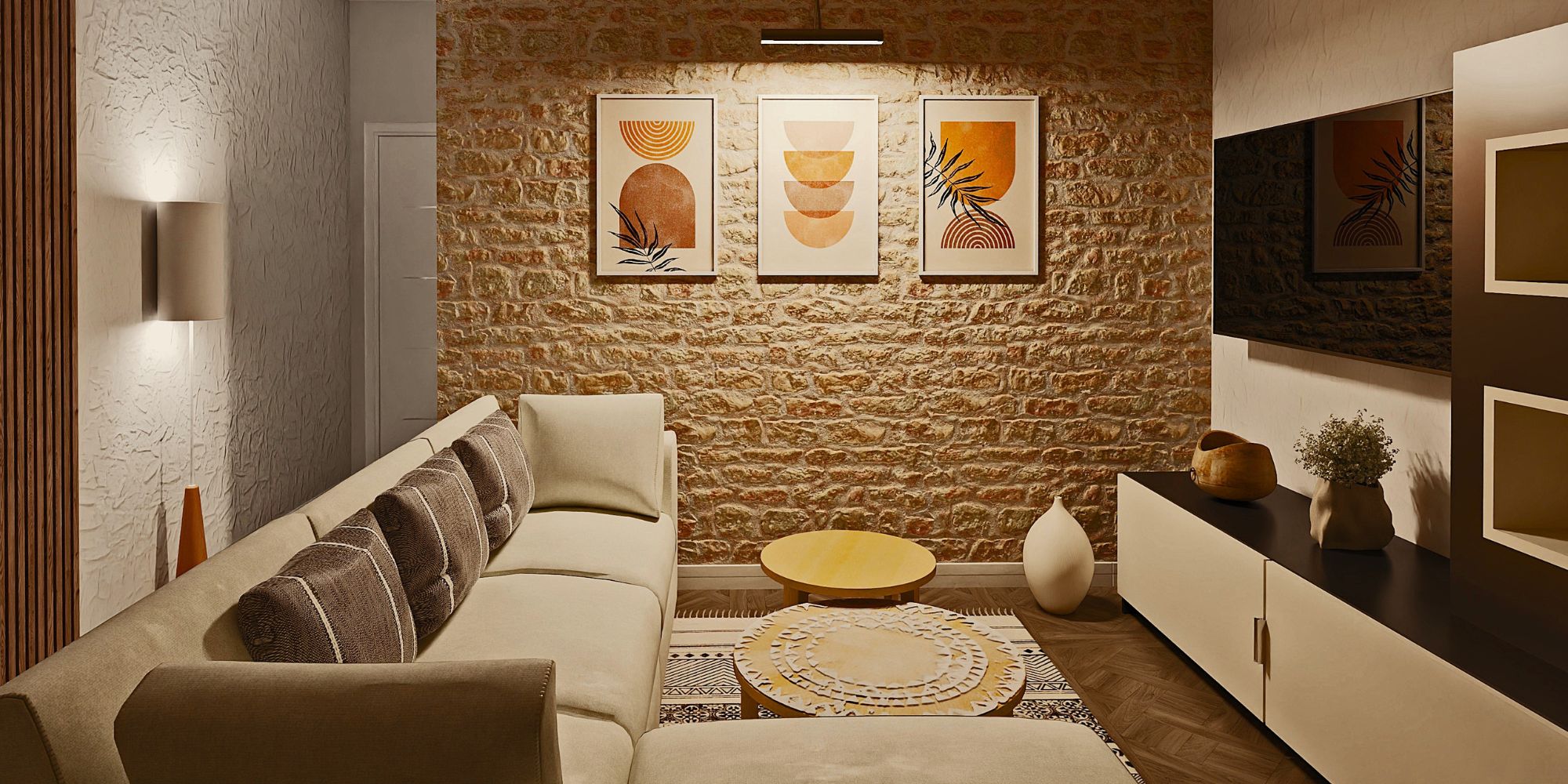 Infografía 3D que muestra un salón con una pared de acento de piedra natural,