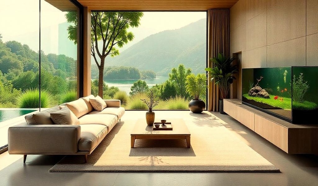 Un salón moderno con grandes ventanales que muestran un paisaje natural, un acuario integrado con vida acuática y varias plantas de interior que aportan un toque de verdor y frescura al espacio elegante