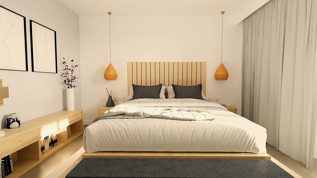Infografía 3D de un dormitorio principal moderno, mostrando un diseño elegante y acogedor